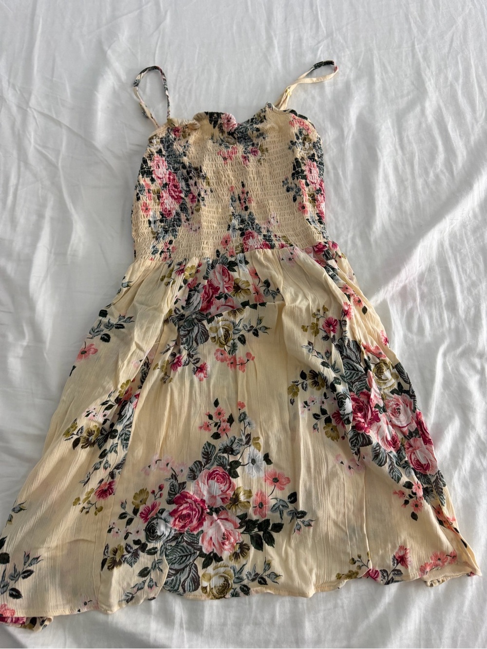 Floral Smocked Spaghetti Strap Dress - Cream/Pink
